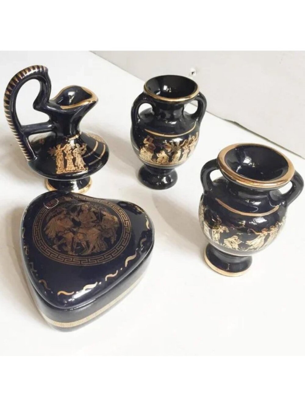 Lot of 4 Vintage Greek Mythology Ceramic w/ 24k Gold Trim: Trinket Vase Pitcher
